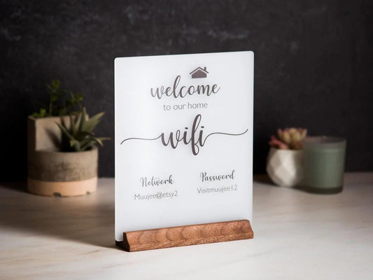 Wifi Acrylic Sign w/ Wood Base - 6.5 x 7.75" Ice or Black Table Sign for Home & Airbnb Rental, Office Small Business Salons Restaurants Bar