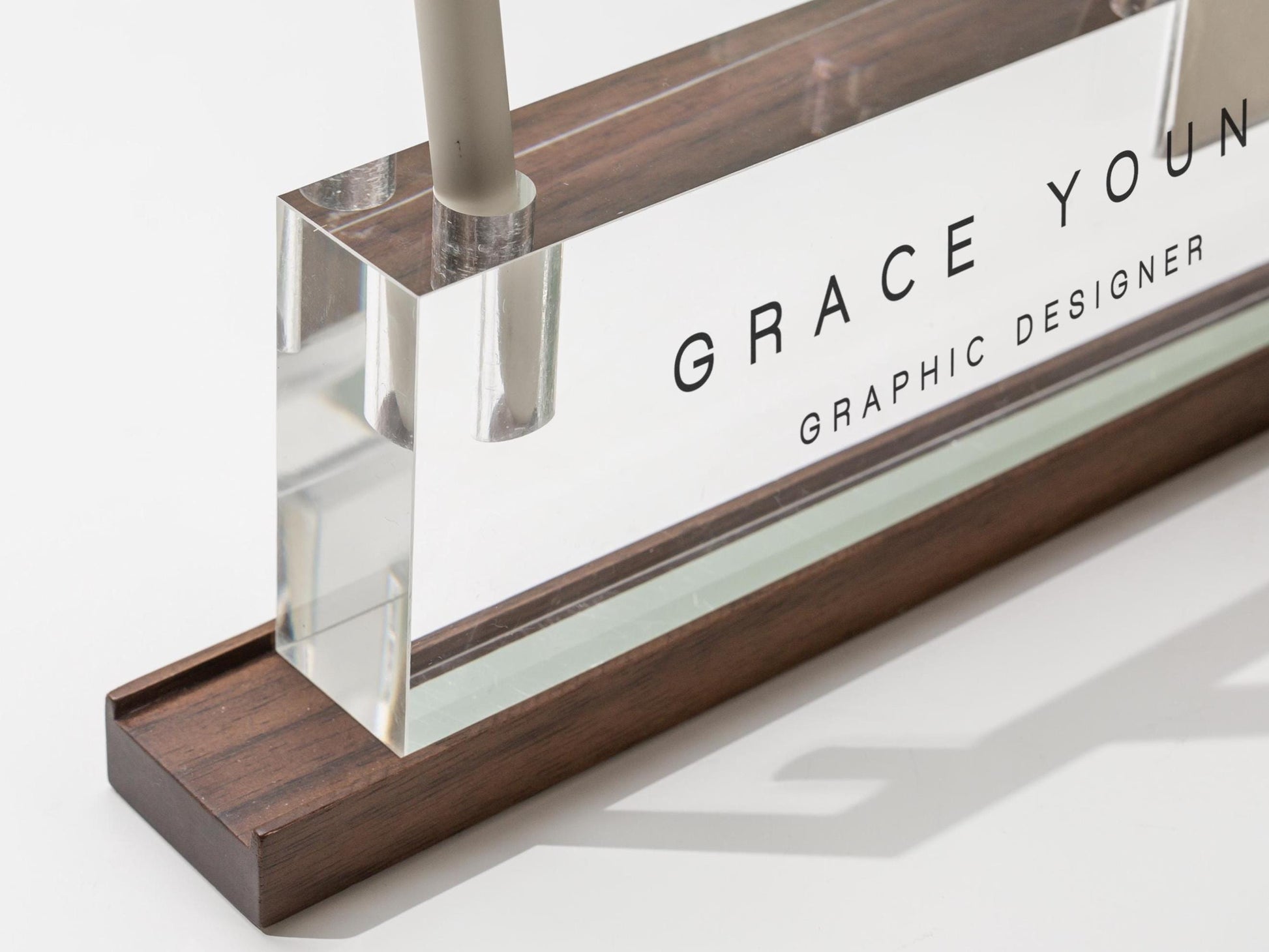 Personalized Acrylic Name Block w/ Slots (D3) - Optional Wood Base, Minimal Executive Teacher Desk Decor, New Job, Desk Name Plate