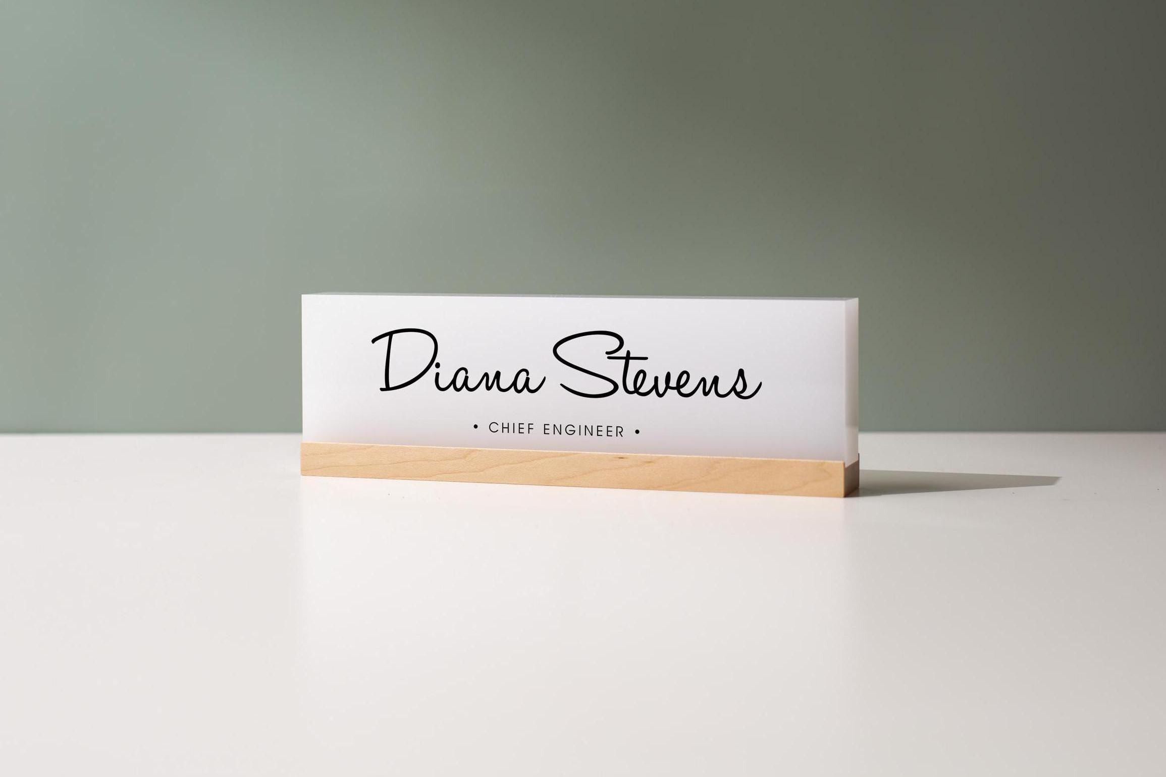Personalized Acrylic Name Block (D10) - w/ Optional Wooden Base, Cursive Creative Executive Desk CEO Sign, Job Office Decor Promotion Gift