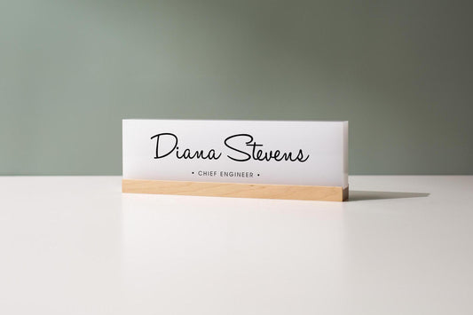 Personalized Acrylic Name Block (D10) - w/ Optional Wooden Base, Cursive Creative Executive Desk CEO Sign, Job Office Decor Promotion Gift