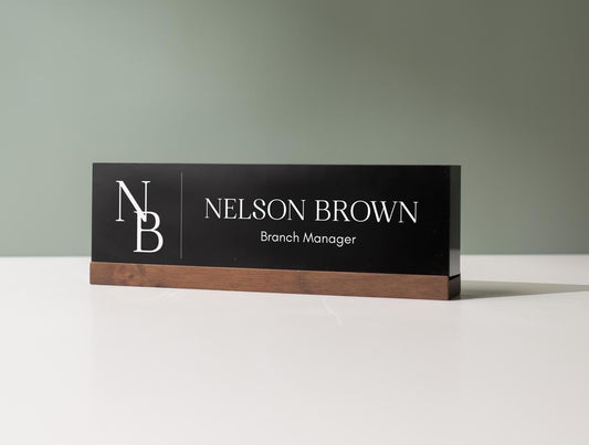 Personalized Acrylic Name Block (D8) - w/ Optional Wooden Base, Initials Monogram Executive Desk CEO Sign, Job Office Decor Promotion Gift