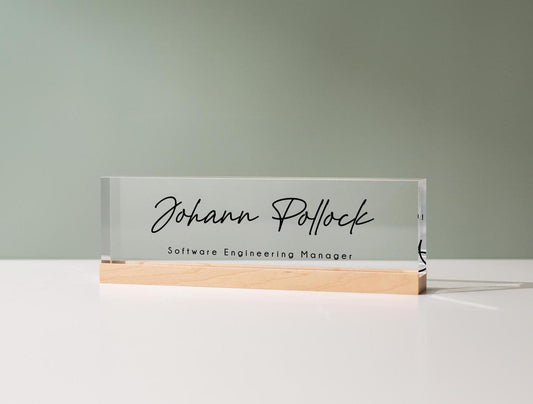 Personalized Acrylic Name Block (D5) - w/ Optional Wooden Base, Minimal Executive Desk Table CEO Sign, Job Office Decor, Graduation Gift