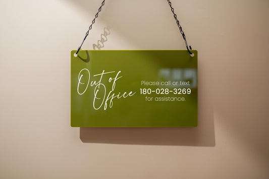 Hanging Acrylic Sign & Black Metal Chain (D8) - 11.5x7" Custom Window Office Home Business Door Wall Signage, On Break Open Closed Display