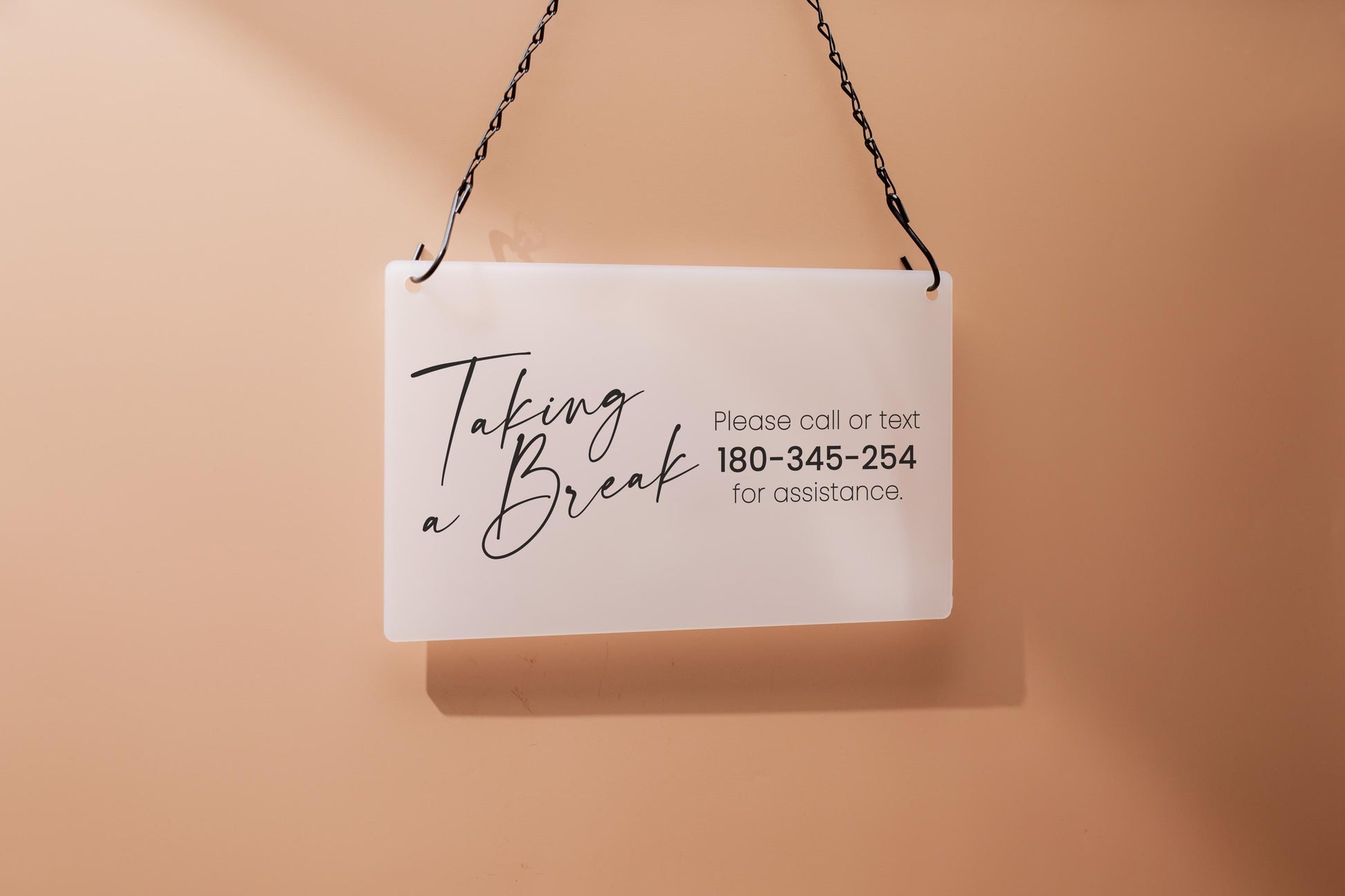 Hanging Acrylic Sign & Black Metal Chain (D8) - 11.5x7" Custom Window Office Home Business Door Wall Signage, On Break Open Closed Display