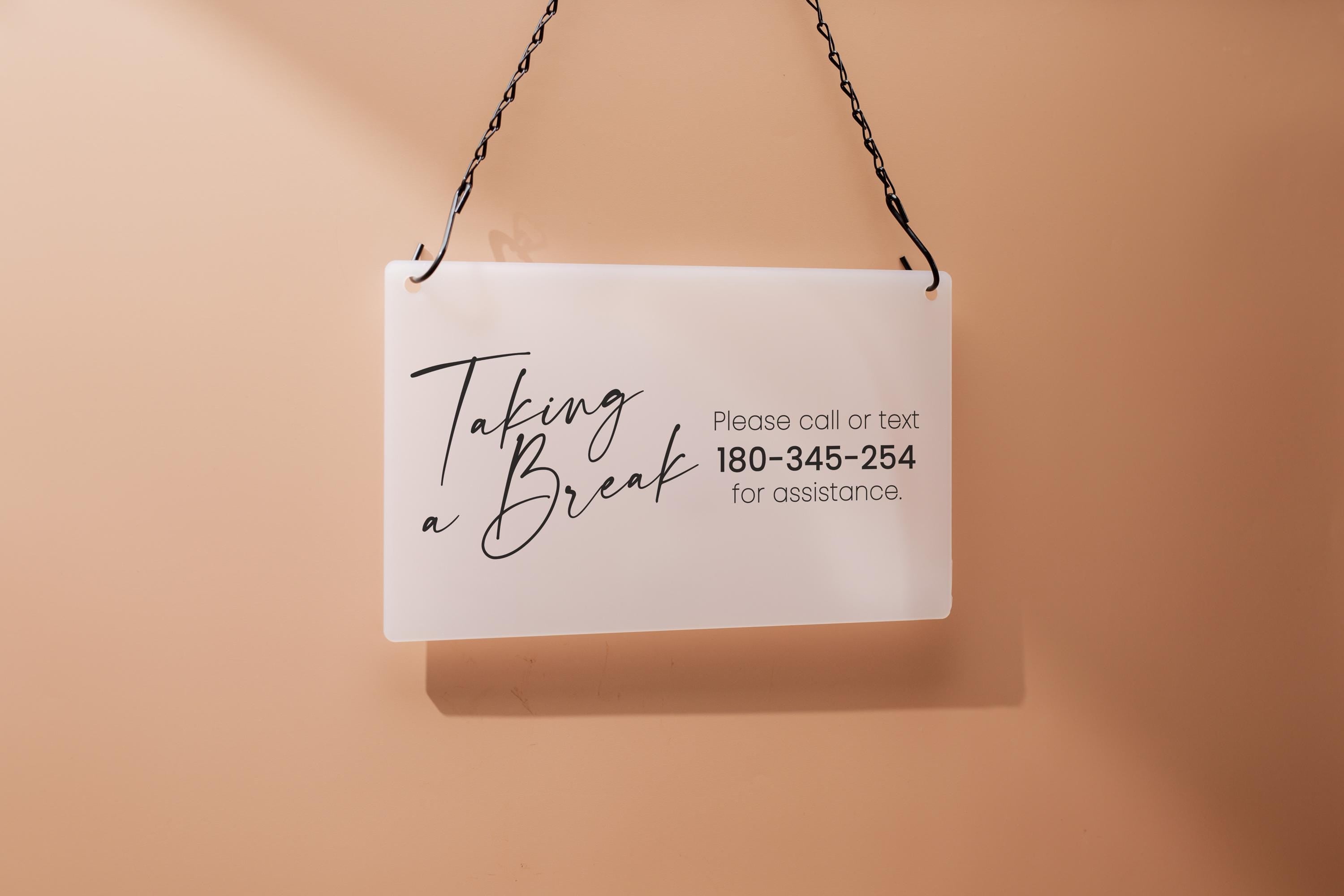 Hanging Acrylic Sign & Black Metal Chain (D8) - 11.5x7" Custom Window Office Home Business Door Wall Signage, On Break Open Closed Display