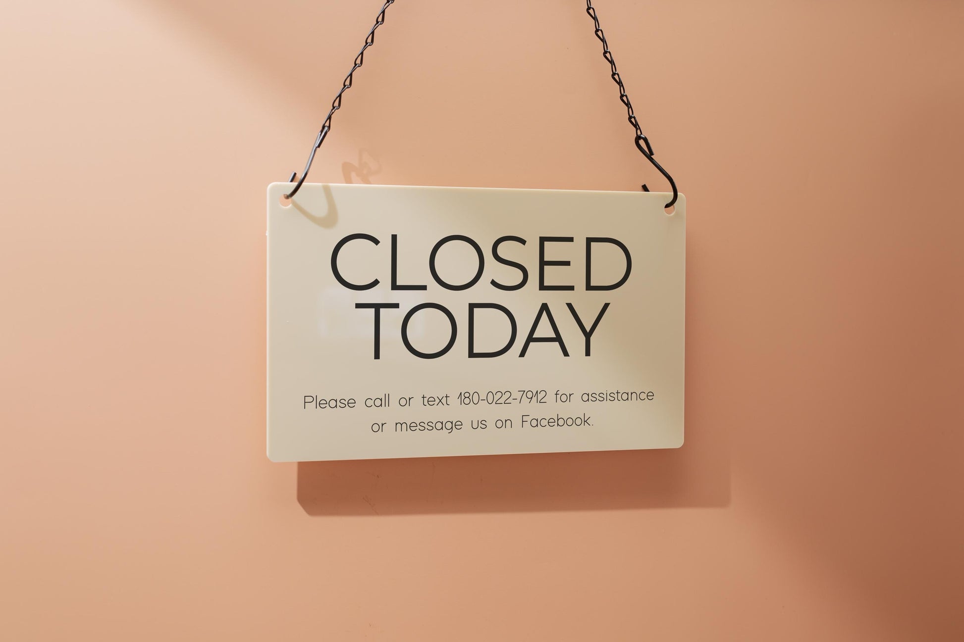 Hanging Acrylic Sign & Black Metal Chain (D9) - 11.5x7" Custom Window Office Business Door Wall Signage, Open Closed Store Shop Customizable
