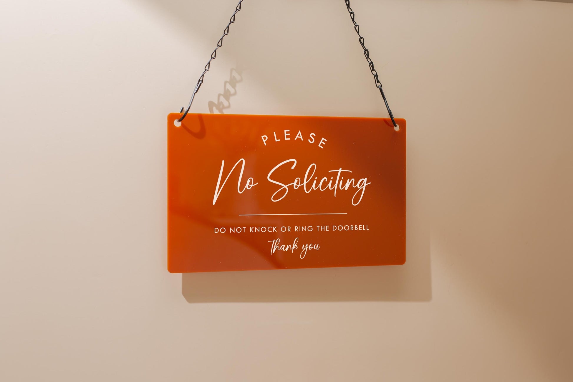No Soliciting Hanging Acrylic Sign & Black Metal Chain - 11.5x7" Custom Window Sign, Office Home Door Signage Small Business Owner Gift