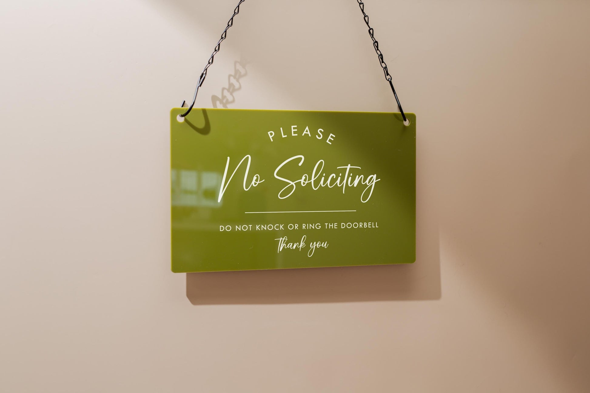 No Soliciting Hanging Acrylic Sign & Black Metal Chain - 11.5x7" Custom Window Sign, Office Home Door Signage Small Business Owner Gift