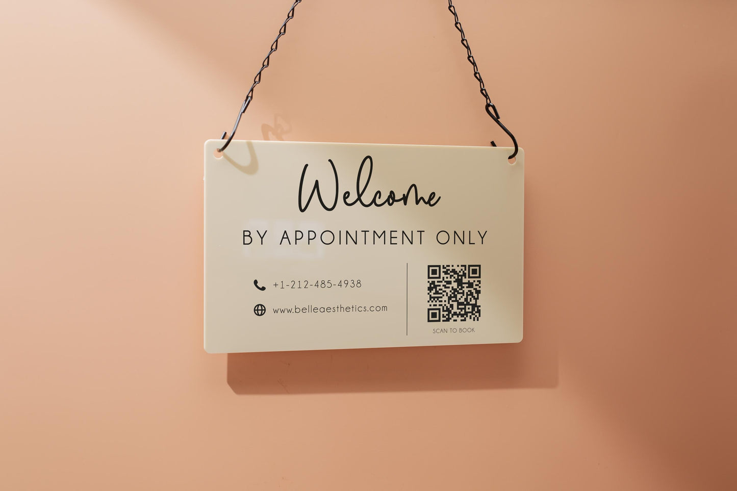 Hanging Acrylic Sign & Black Metal Chain (D12) - 11.5x7" Custom Welcome Sign Window Office Business Info Door Wall, QR Code Market Craft