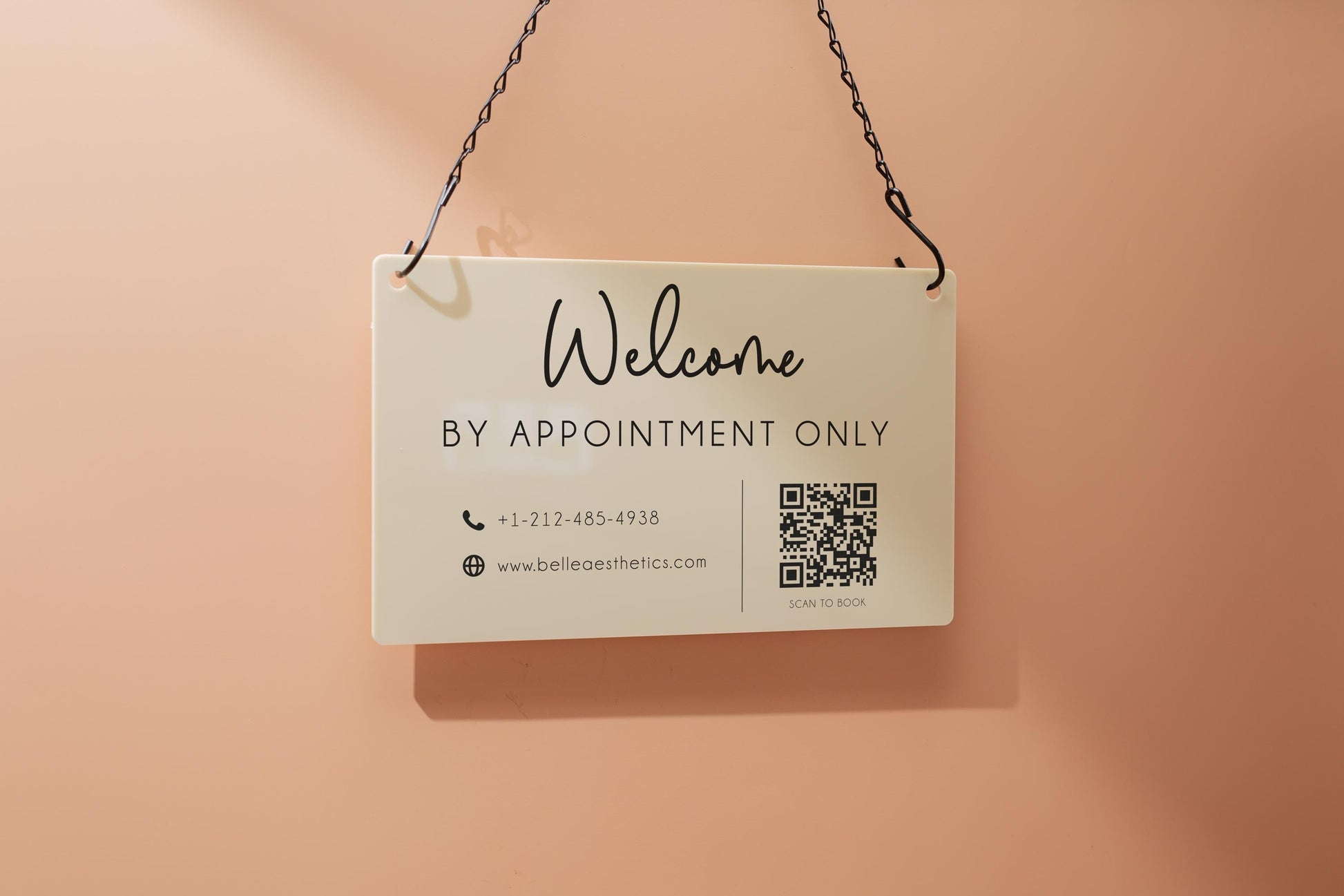 Hanging Acrylic Sign & Black Metal Chain (D12) - 11.5x7" Custom Welcome Sign Window Office Business Info Door Wall, QR Code Market Craft