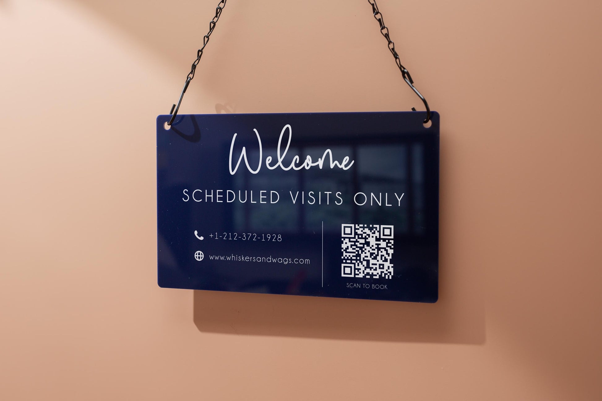 Hanging Acrylic Sign & Black Metal Chain (D12) - 11.5x7" Custom Welcome Sign Window Office Business Info Door Wall, QR Code Market Craft