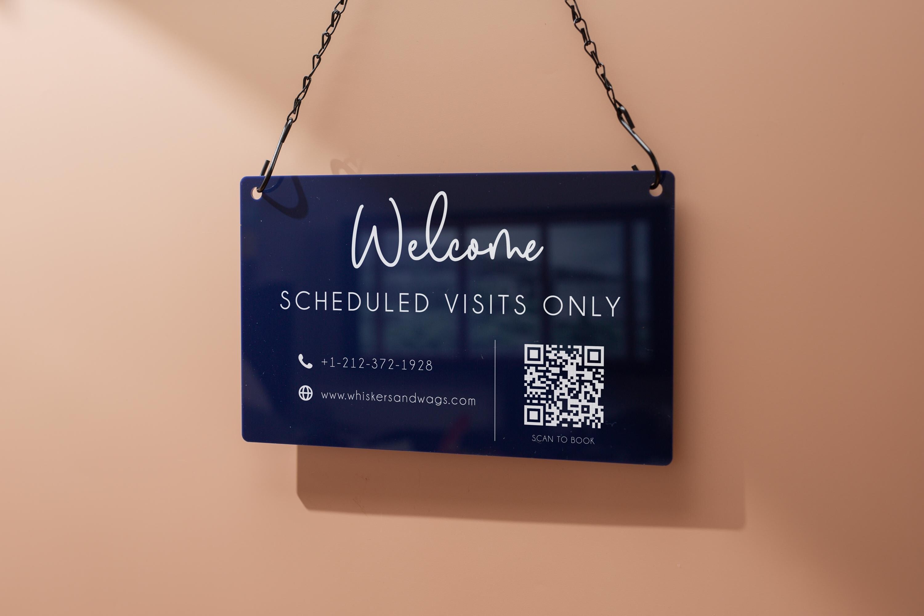Hanging Acrylic Sign & Black Metal Chain (D12) - 11.5x7" Custom Welcome Sign Window Office Business Info Door Wall, QR Code Market Craft