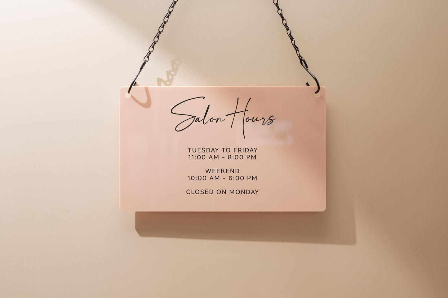 Store Hours Acrylic Sign & Black Hanging Chain- 11.5x7" Custom Signs for Office Door Small Business Hours, Spa Salon Bar Tea Coffee Shop