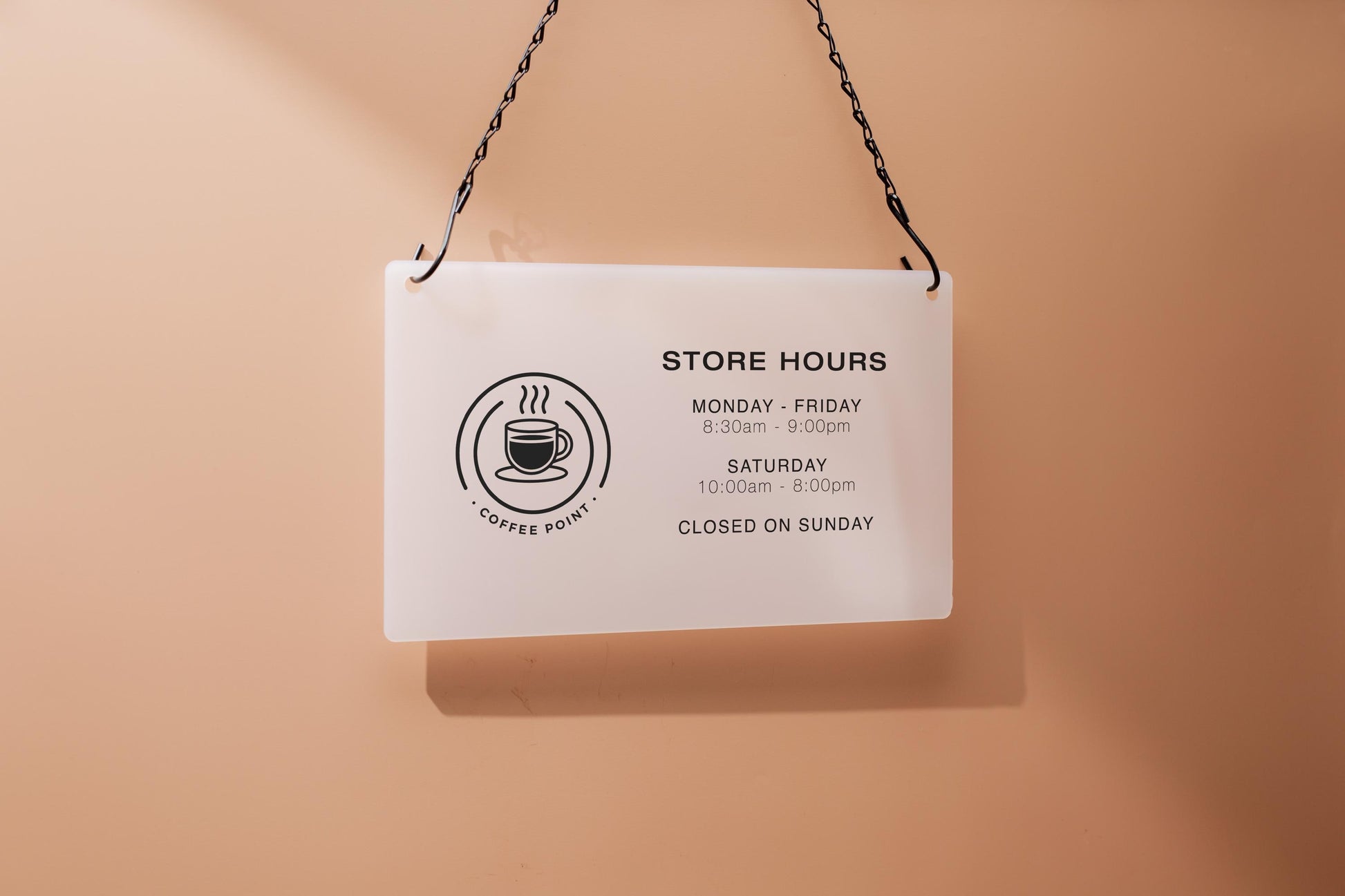 Store Hours w/ Logo Acrylic Sign & Black Hanging Chain - 11.5x7" Custom Sign for Medical Office Boutique Store Window Door Business Hours