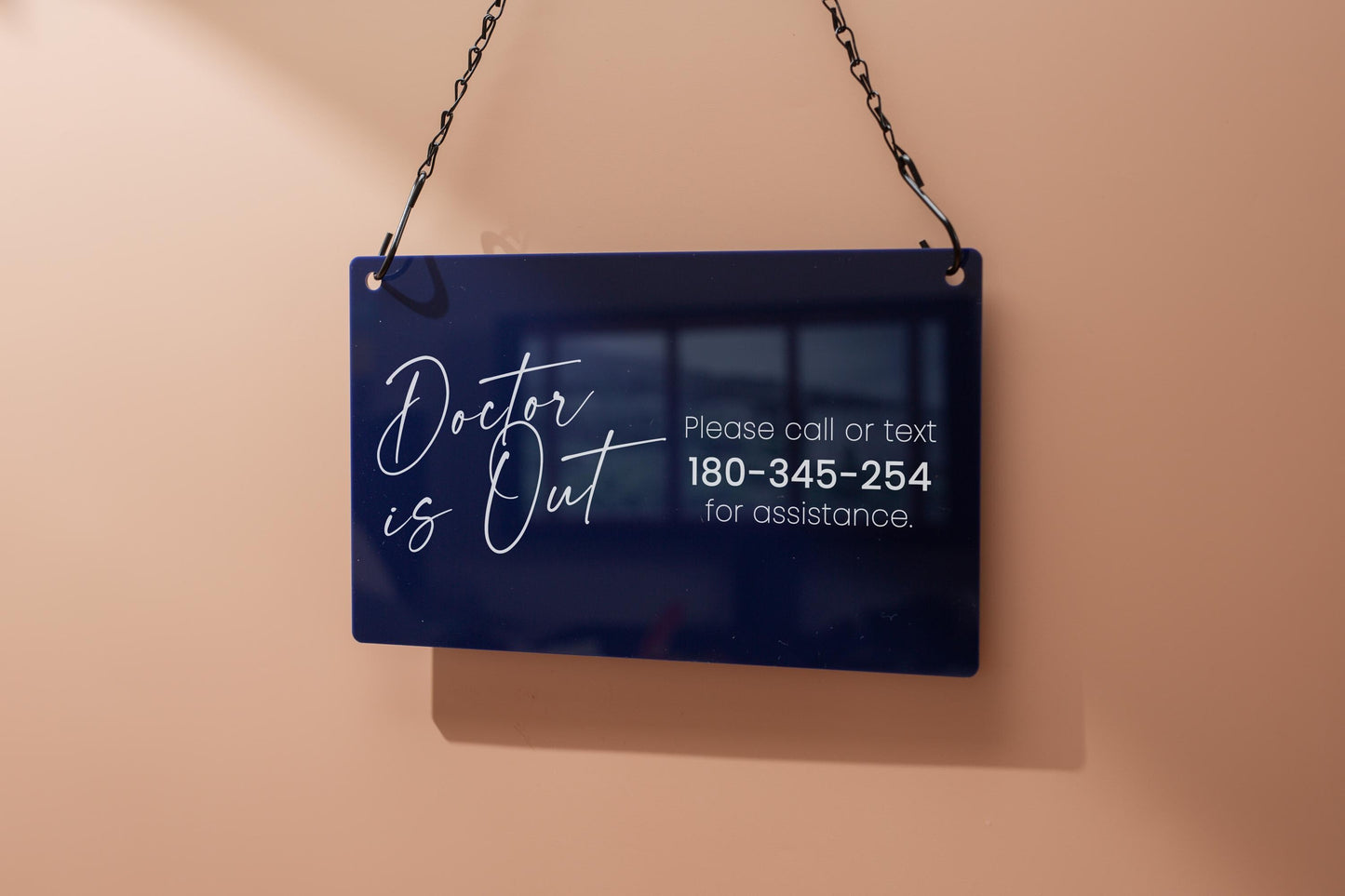 Hanging Acrylic Sign & Black Metal Chain (D8) - 11.5x7" Custom Window Office Home Business Door Wall Signage, On Break Open Closed Display