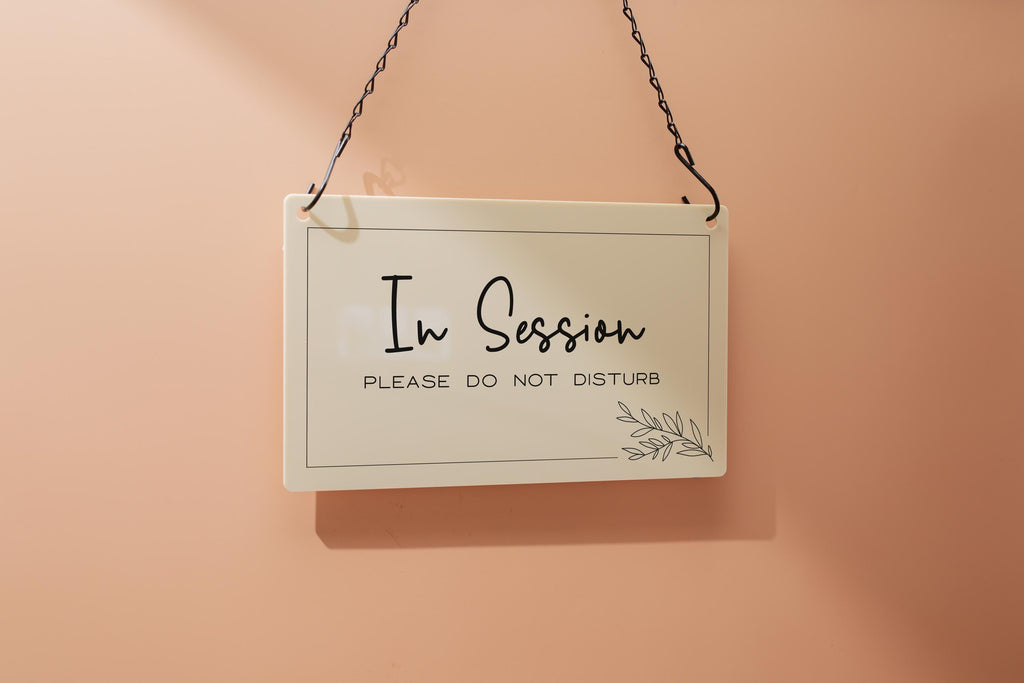 Hanging Acrylic Sign & Black Metal Chain (D7) - 11.5x7" Custom Window Office Home Business Door Wall Signage, Therapy In Session Personalize