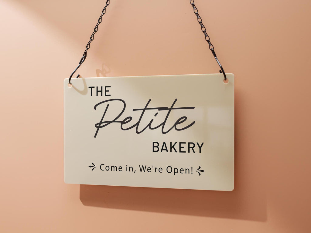 Hanging Acrylic Sign w/ Metal Chain (D3) - 11.5x7" Custom Signage for Store Name Office Door Window Open Closed, Craft Trade Show