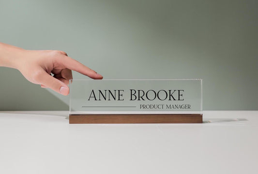 Personalized Acrylic Name Block (D7) - w/ Optional Wooden Base, Executive Desk CEO Sign, Job Office Decor or Promotion Gift