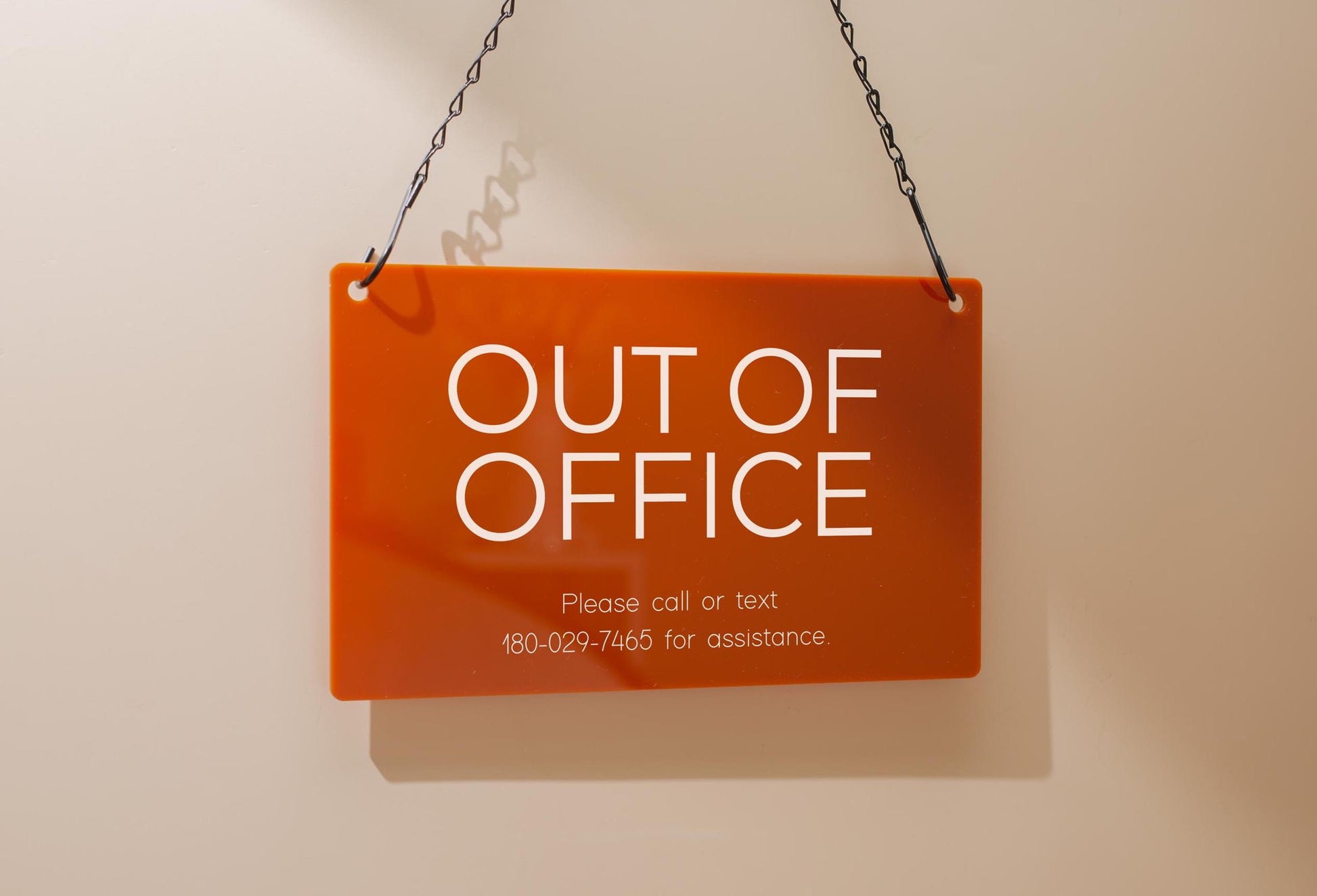 Hanging Acrylic Sign & Black Metal Chain (D9) - 11.5x7" Custom Window Office Business Door Wall Signage, Open Closed Store Shop Customizable
