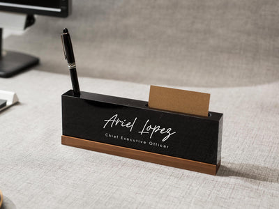 Personalized Acrylic Name Block w/ Slots (D5) - Optional Wood Base, Minimal Executive Teacher Desk Decor, New Job, Desk Name Plate