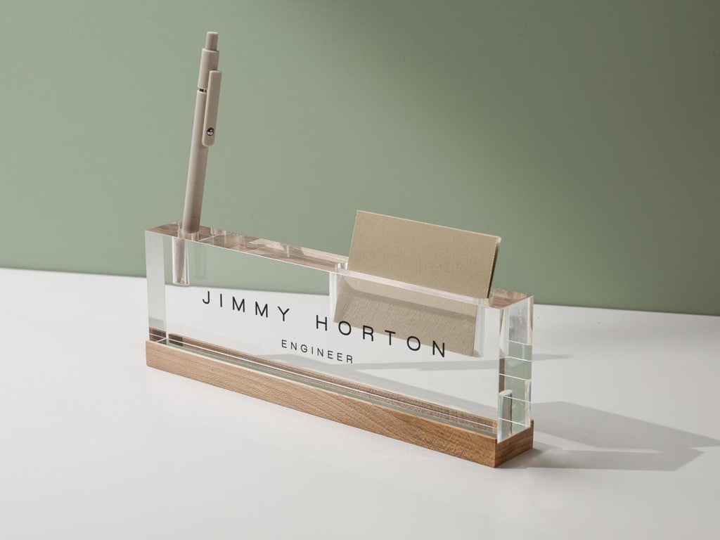Personalized Acrylic Name Block w/ Slots (D3) - Optional Wood Base, Minimal Executive Teacher Desk Decor, New Job, Desk Name Plate