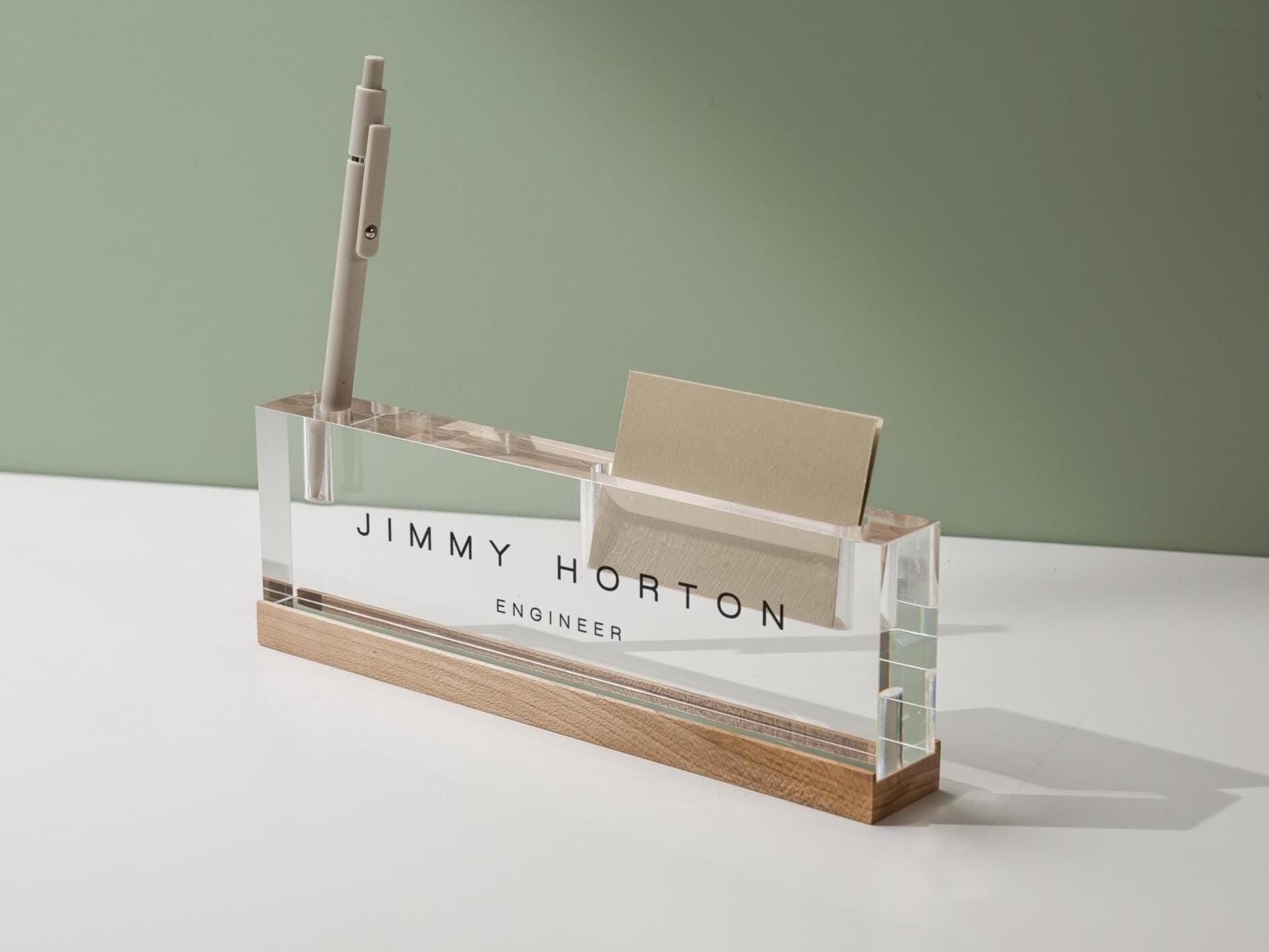 Personalized Acrylic Name Block w/ Slots (D3) - Optional Wood Base, Minimal Executive Teacher Desk Decor, New Job, Desk Name Plate