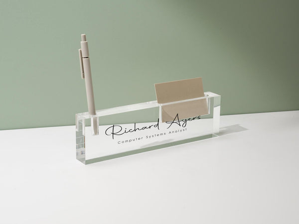 Personalized Acrylic Name Block w/ Slots (D2) - Optional Wood Base, Minimal Executive Teacher Desk Decor, New Job, Desk Name Plate