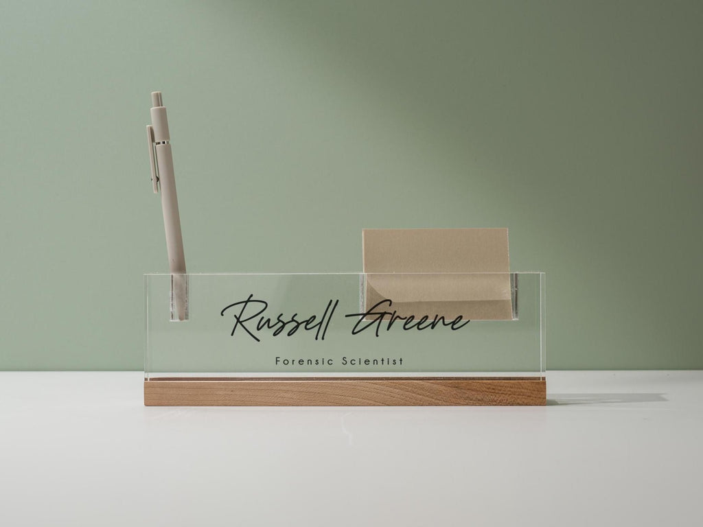 Personalized Acrylic Name Block w/ Slots (D5) - Optional Wood Base, Minimal Executive Teacher Desk Decor, New Job, Desk Name Plate