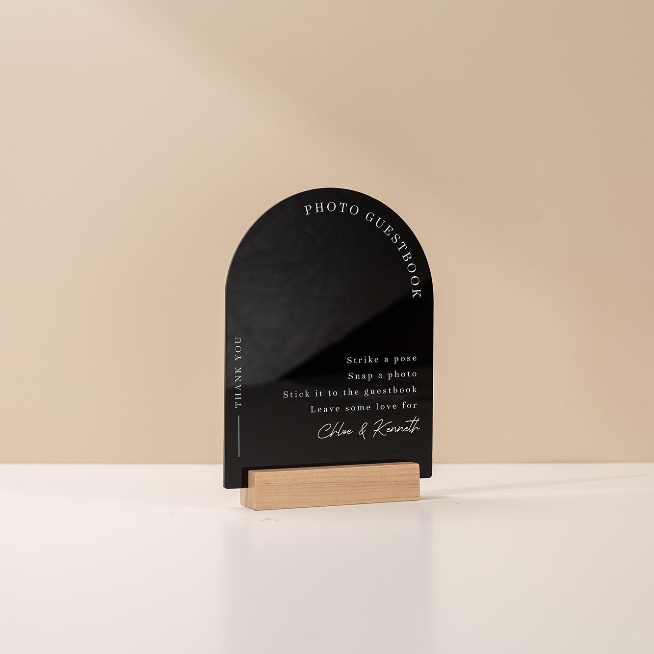 Arch Acrylic Sign w/ Base (D1) - Please Sign Our Photo Guestbook Table Decor Signage, Polaroid Photobooth Display, Wood or Acrylic Stand