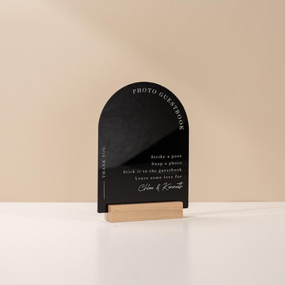 Arch Acrylic Sign w/ Base (D1) - Please Sign Our Photo Guestbook Table Decor Signage, Polaroid Photobooth, Wood or Acrylic Stand 6x7.5"