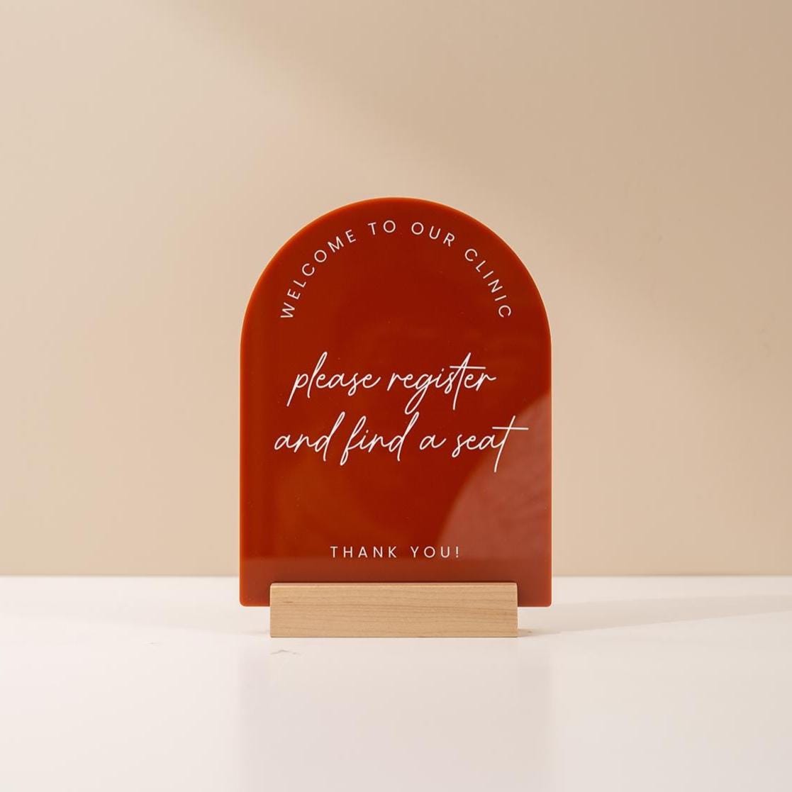 Arch Acrylic Sign w/ Base (D9) - Custom Signage for Business Clinic Office Retail Shops Trade Craft Show Salon, Wood or Acrylic Stand 6x7.5"