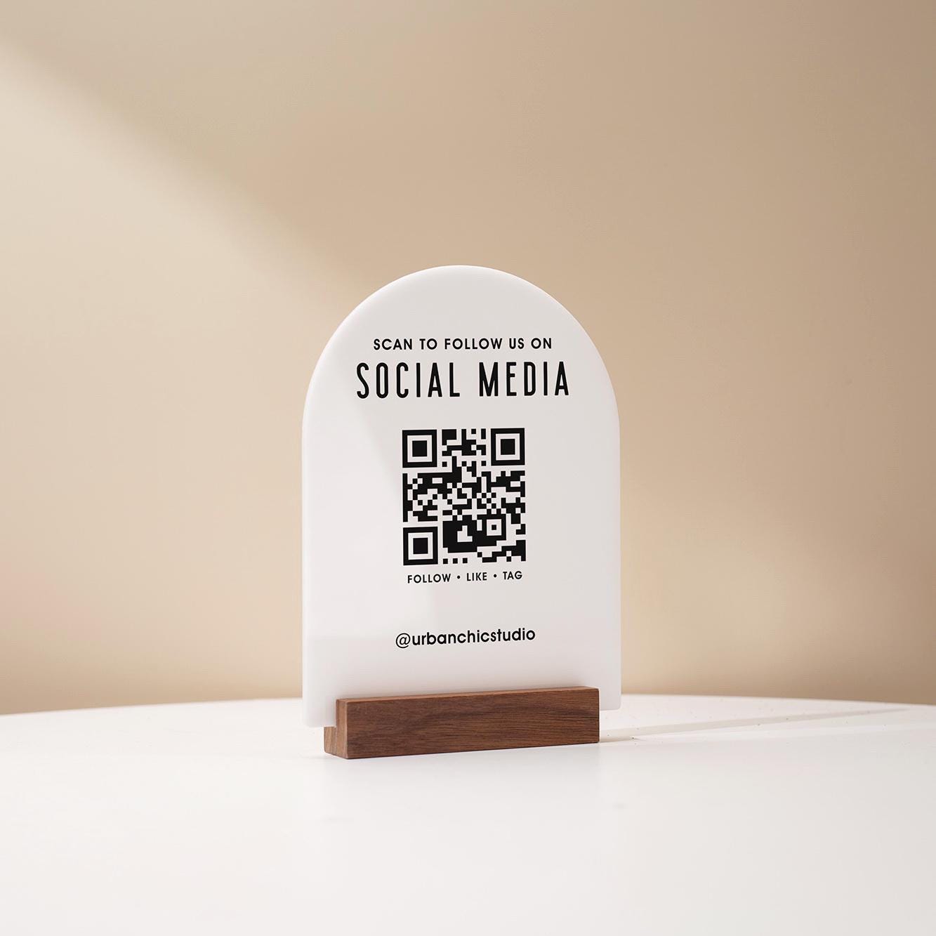 QR Arch Acrylic Sign w/ Base (D6) - Scannable QR Code Social Media Instagram Venmo Cashapp, Scan any Website or Business Payment App Printed