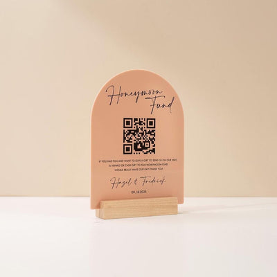 Honeymoon Fund QR Arch Acrylic Sign w/ Base (D2) - Scannable QR Code Venmo Zola Cashapp Donation Gift Wedding Reception Party