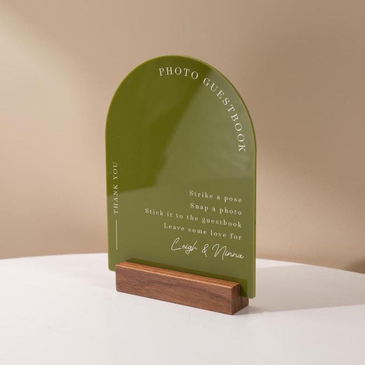 Arch Acrylic Sign w/ Base (D1) - Please Sign Our Photo Guestbook Table Decor Signage, Polaroid Photobooth, Wood or Acrylic Stand 6x7.5"