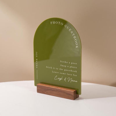 Arch Acrylic Sign w/ Base (D1) - Please Sign Our Photo Guestbook Table Decor Signage, Polaroid Photobooth Display, Wood or Acrylic Stand