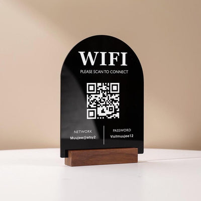 QR Code Wifi Acrylic Sign w/ Base (D3) - Scannable Wifi Table Sign Home Airbnb Rental Small Business Office Signage Salon Spa Clinic 6x7.75"