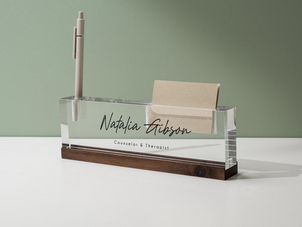 Personalized Acrylic Name Block w/ Slots (D5) - Optional Wood Base, Minimal Executive Teacher Desk Decor, New Job, Desk Name Plate