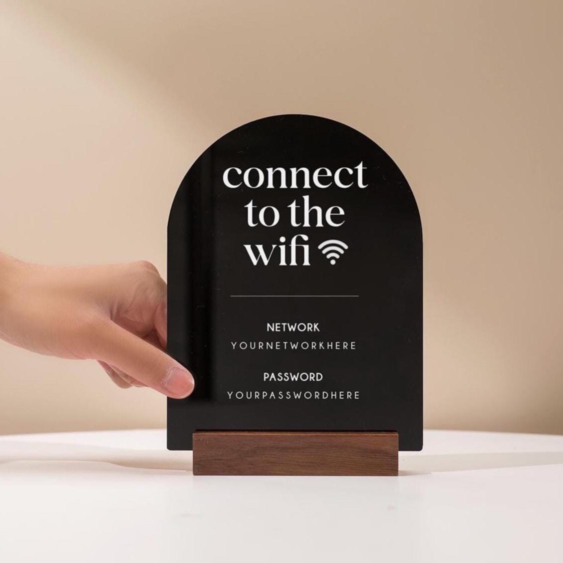 Arch Acrylic Wifi Sign w/ Base (D8) - Custom Wifi Password Display for Home Office Business Shop Airbnb Rental Decor Visitor Login 6x7.5"