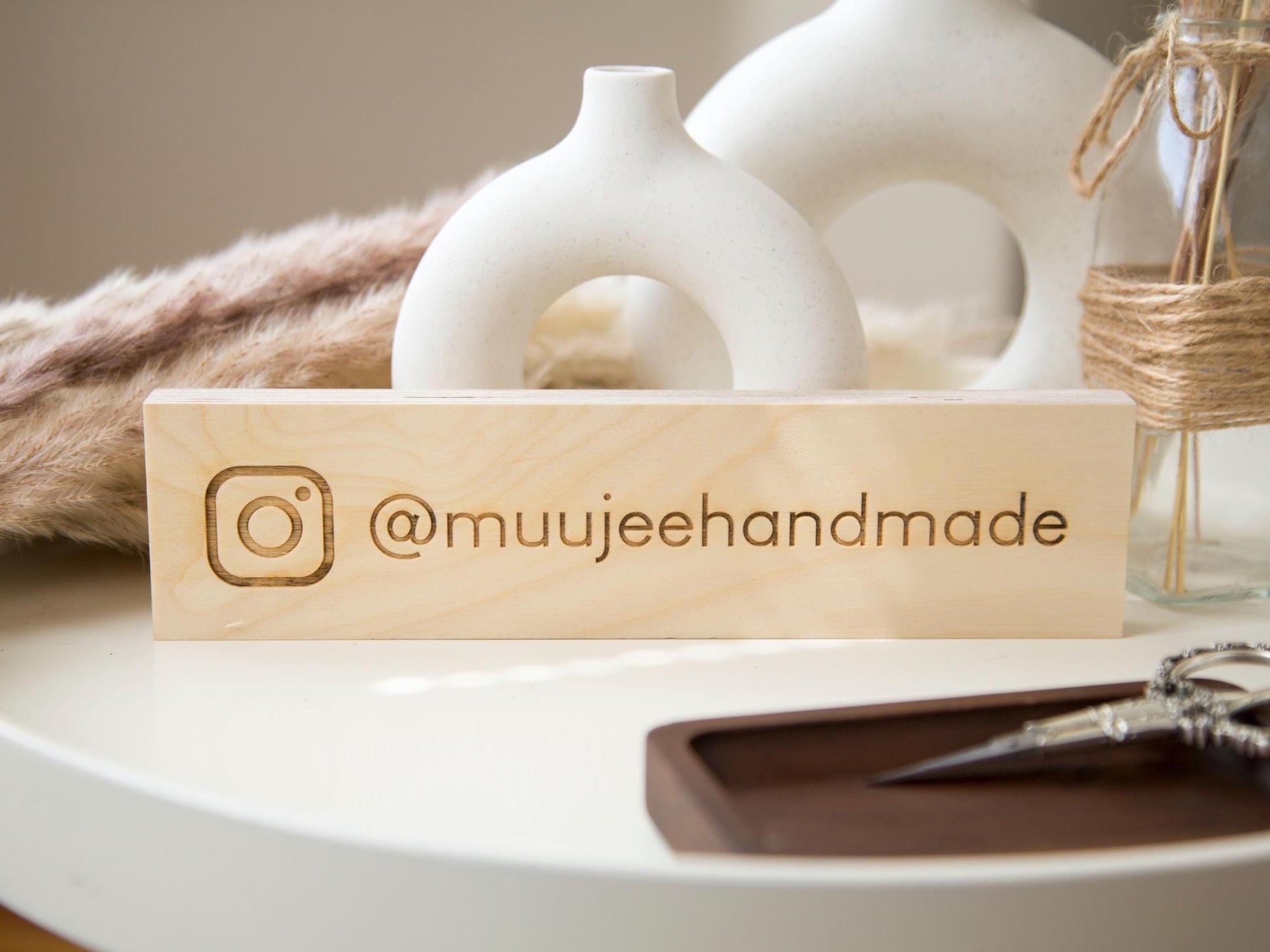 Plywood Social Media Sign - Custom Hashtag Tabletop Display, Username Tag, Minimalist Business Signage for Instagram & Facebook