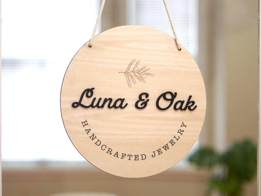 Round Hanging Wooden Sign w/ White Rope - Custom Business Signage, Minimalist Circle Wall Decor, Personalized Booth or Store Display