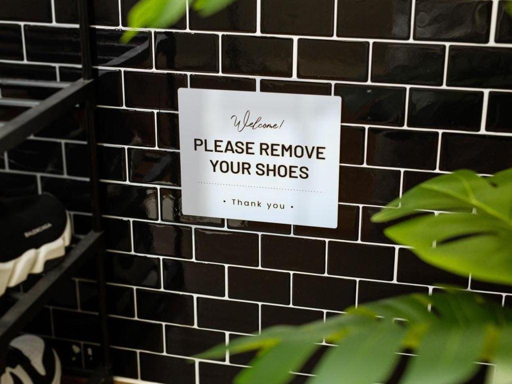 Please Remove Your Shoes Acrylic Courtesy Sign - 6.5 x 7.75" For Vacation Rentals Airbnb VRBO Hotels Beach House Cabin Guests No Shoes