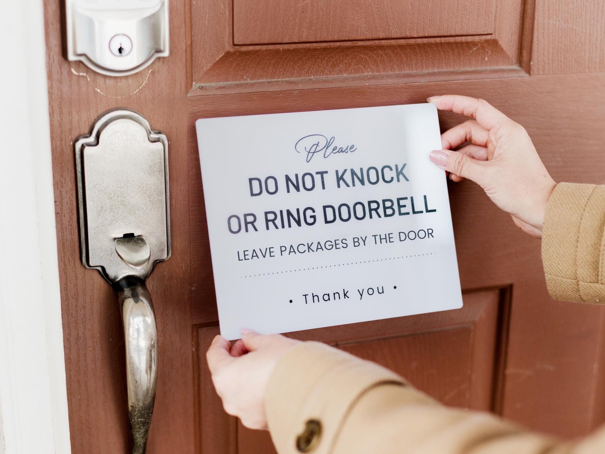 Do Not Knock or Ring Doorbell Acrylic Courtesy Sign - 6.5 x 7.75" Instruction Sign for Homes Business Delivery Driver Leave Packages by Door