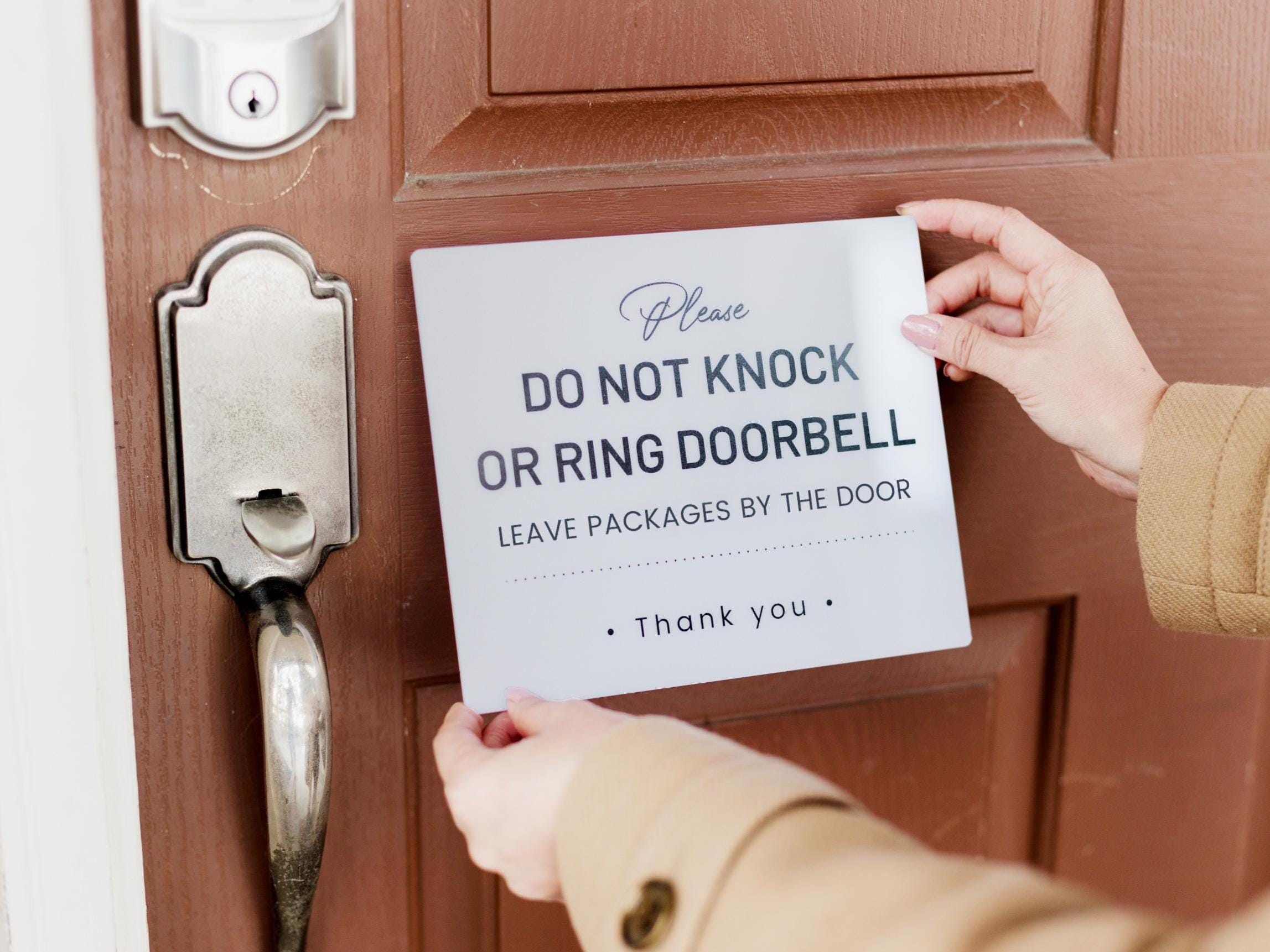 Do Not Knock or Ring Doorbell Acrylic Courtesy Sign - 6.5 x 7.75" Instruction Sign for Homes Business Delivery Driver Leave Packages by Door