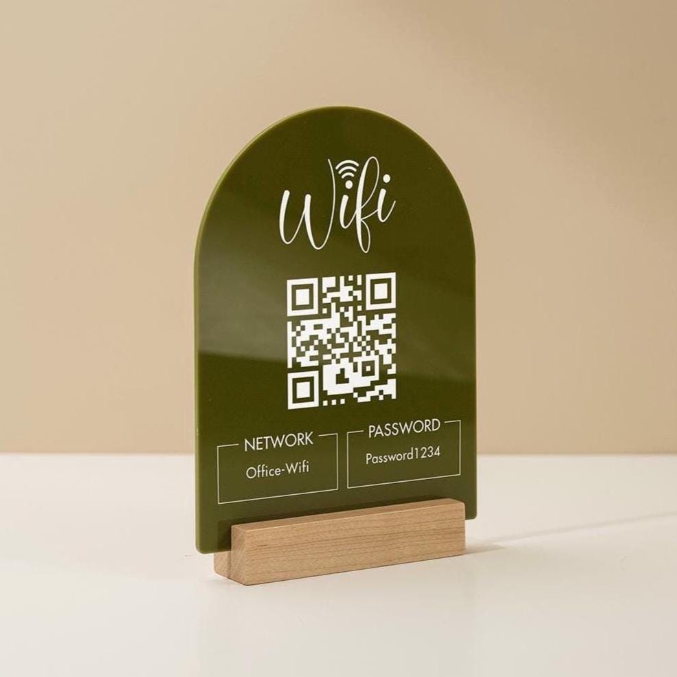 QR Code Wifi Arch Acrylic Sign w/ Base (D4) - Scannable Wifi Table Sign Home Airbnb Rental Small Business Office Salon Spa Clinic
