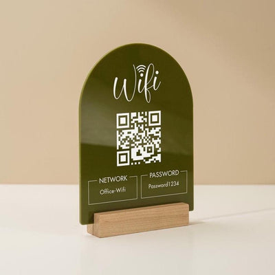 QR Code Wifi Acrylic Sign w/ Base (D4) - Scannable Wifi Table Sign Home Airbnb Rental Small Business Office Signage Salon Spa Clinic 6x7.75"