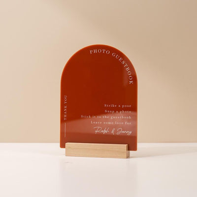 Arch Acrylic Sign w/ Base (D1) - Please Sign Our Photo Guestbook Table Decor Signage, Polaroid Photobooth, Wood or Acrylic Stand 6x7.5"