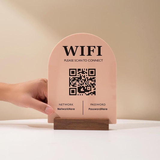 QR Code Wifi Acrylic Sign w/ Base (D3) - Scannable Wifi Table Sign Home Airbnb Rental Small Business Office Signage Salon Spa Clinic 6x7.75"