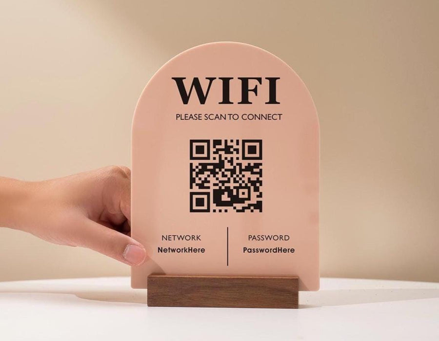 QR Code Wifi Arch Acrylic Sign w/ Base (D3) - Scannable Wifi Table Sign Home Airbnb Rental Small Business Office Salon Spa Clinic 6x7.75"