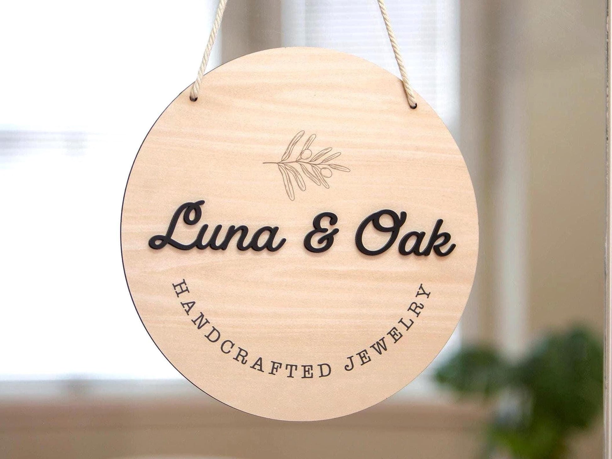 Round Hanging Wooden Sign w/ White Rope - Custom Business Signage, Minimalist Circle Wall Decor, Personalized Booth or Store Display
