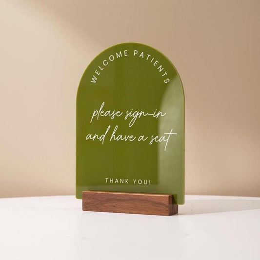 Arch Acrylic Sign w/ Base (D9) - Custom Signage for Business Clinic Office Retail Shops Trade Craft Show Salon, Wood or Acrylic Stand 6x7.5"